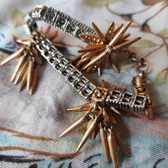 Oxidized Antique Brass Tone J. Crew Fireworks Firecracker Bracelet Spikes Stones - Picture 3 of 13